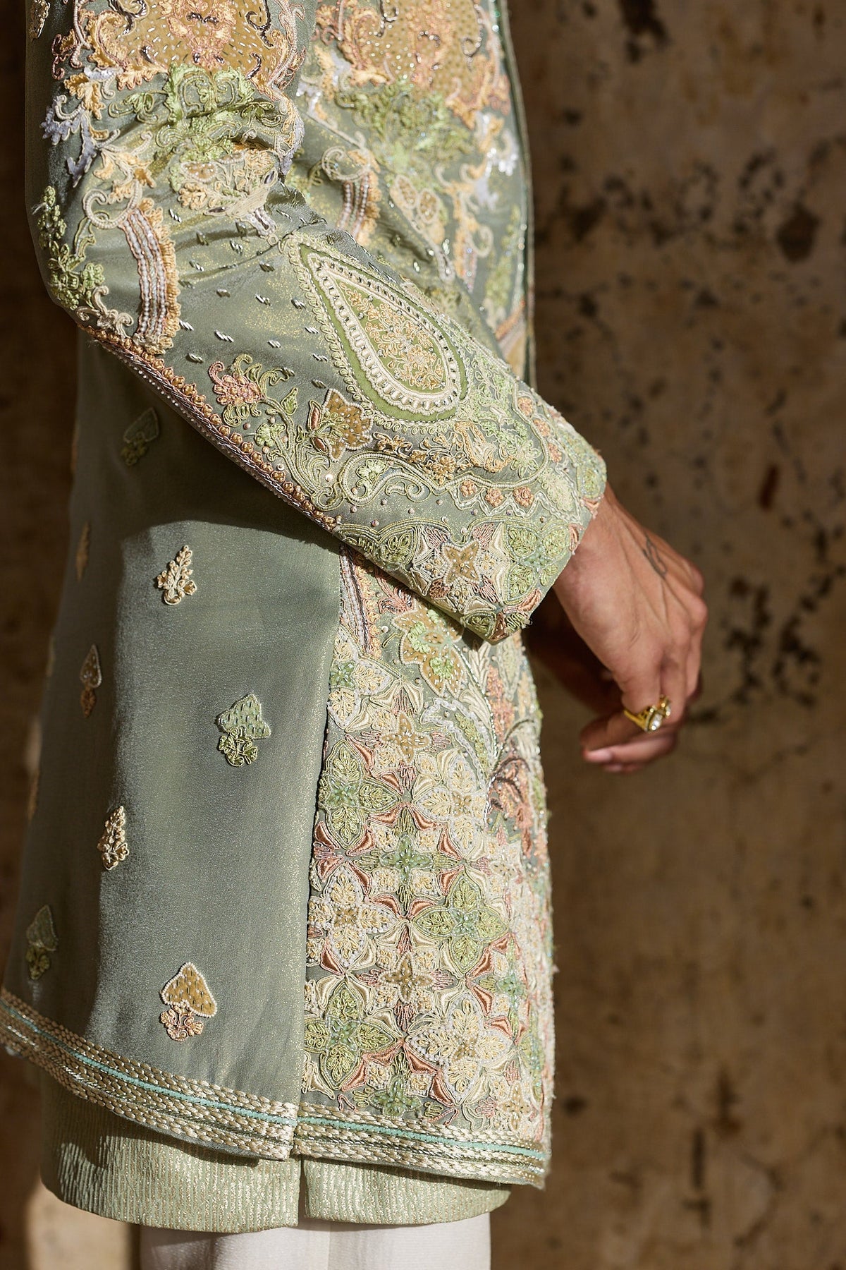 Pastel Green Tissue Embroidered Indo-Western Set