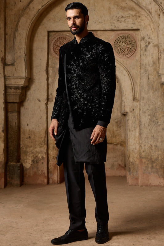 Black Velvet Angrakha Bandhgala Set