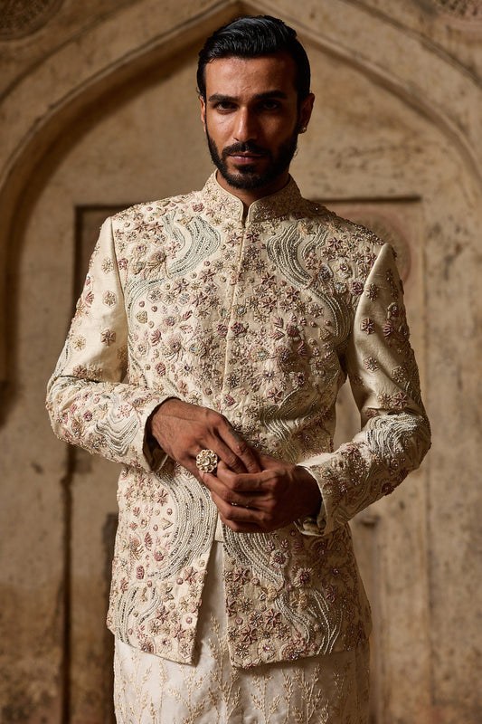 Ivory Raw Silk Embroidered Bandhgala Set