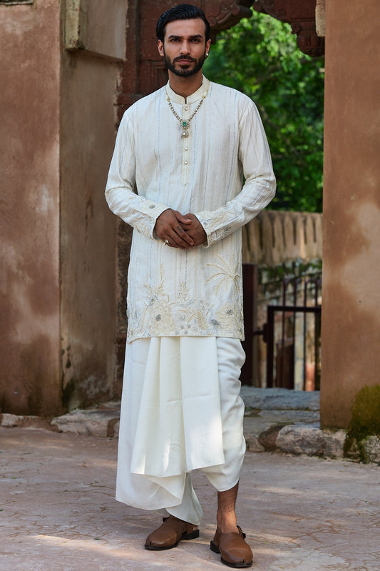 Ivory Zari Palm Silk Embroidered Kurta Set