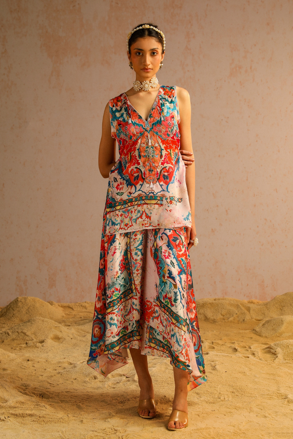 Ivory A-line pants with short kurti
