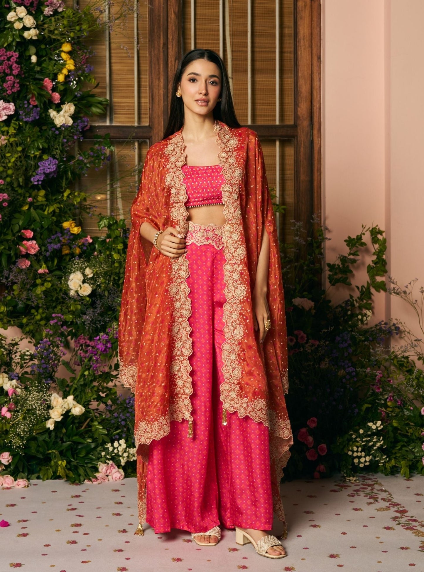 Mali Glass Organza Fuchsia Pant Set With Cape