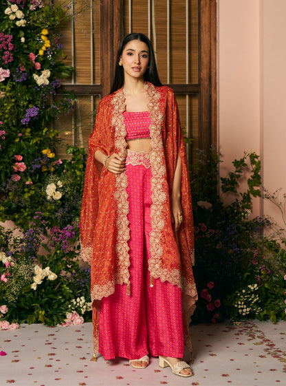 Mali Glass Organza Fuchsia Pant Set With Cape