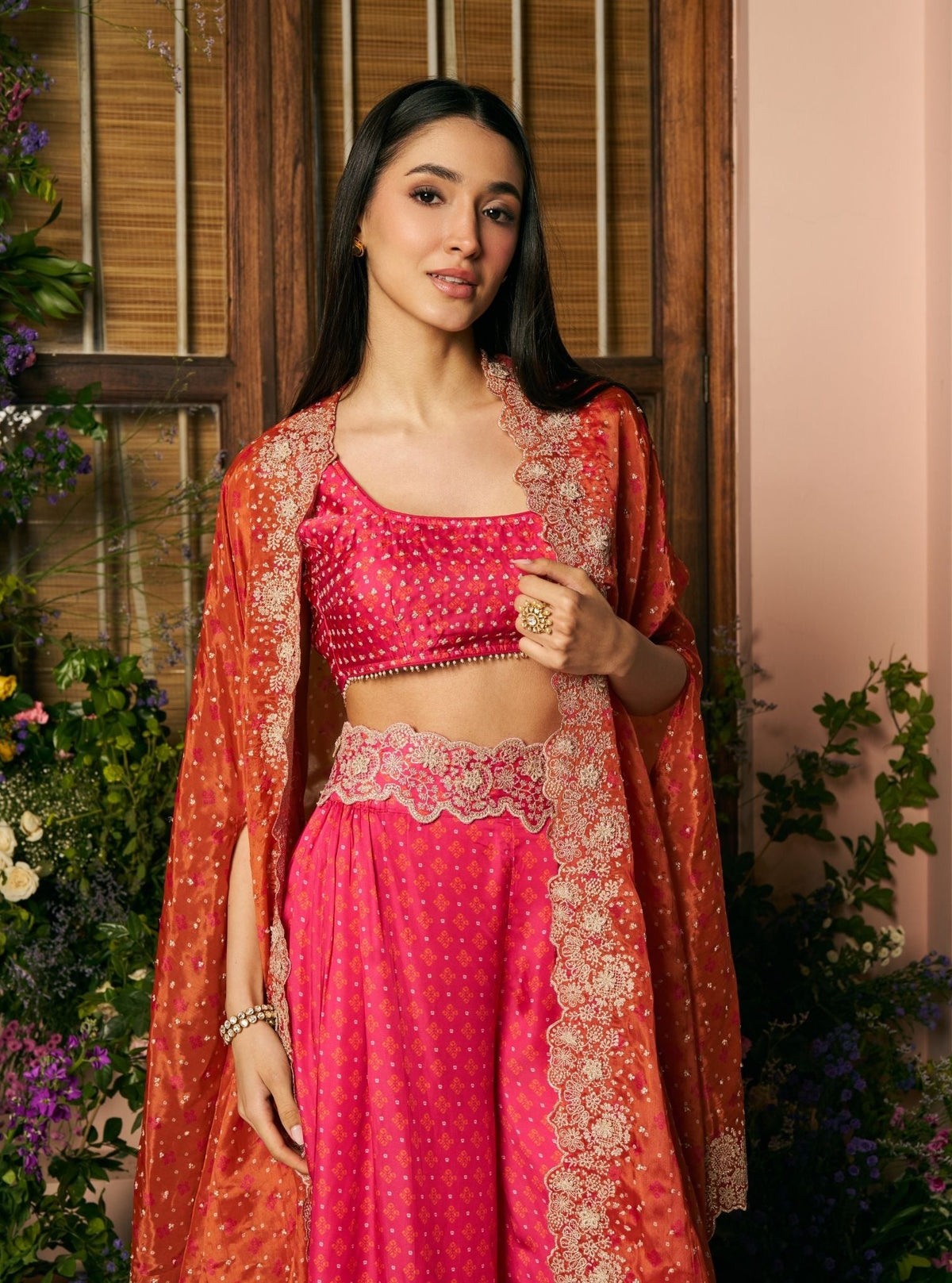 Mali Glass Organza Fuchsia Pant Set With Cape