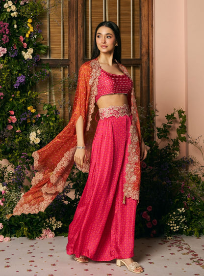 Mali Glass Organza Fuchsia Pant Set With Cape