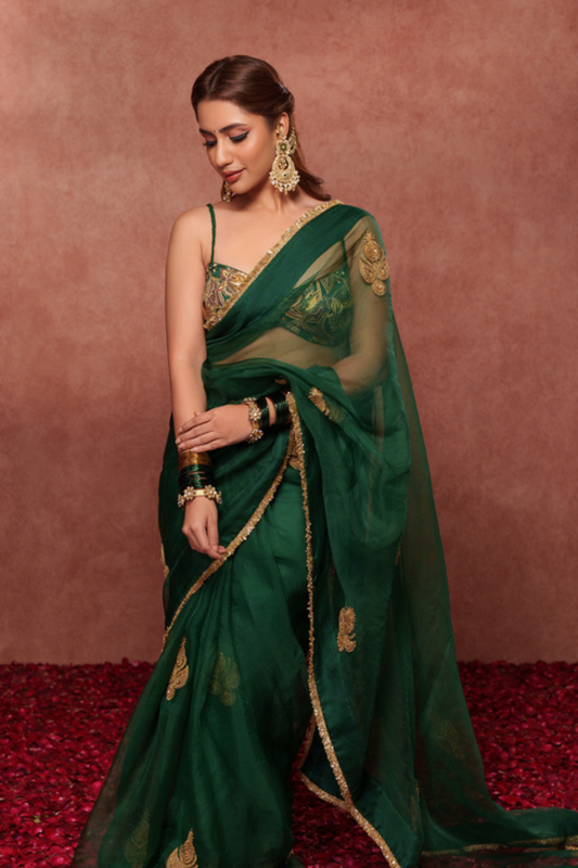 Emerald Green Hand-Embroidered Organza Saree