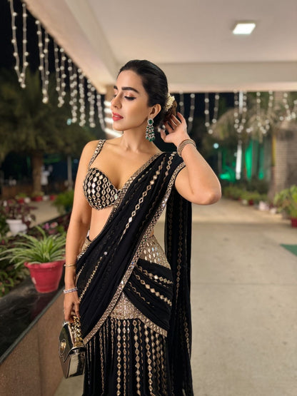 BAHAAR DHAWAN In Black Pre Draped Saree Set