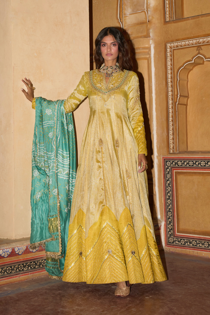 Mustard yellow tissue Anarkali with firozi silk dupatta