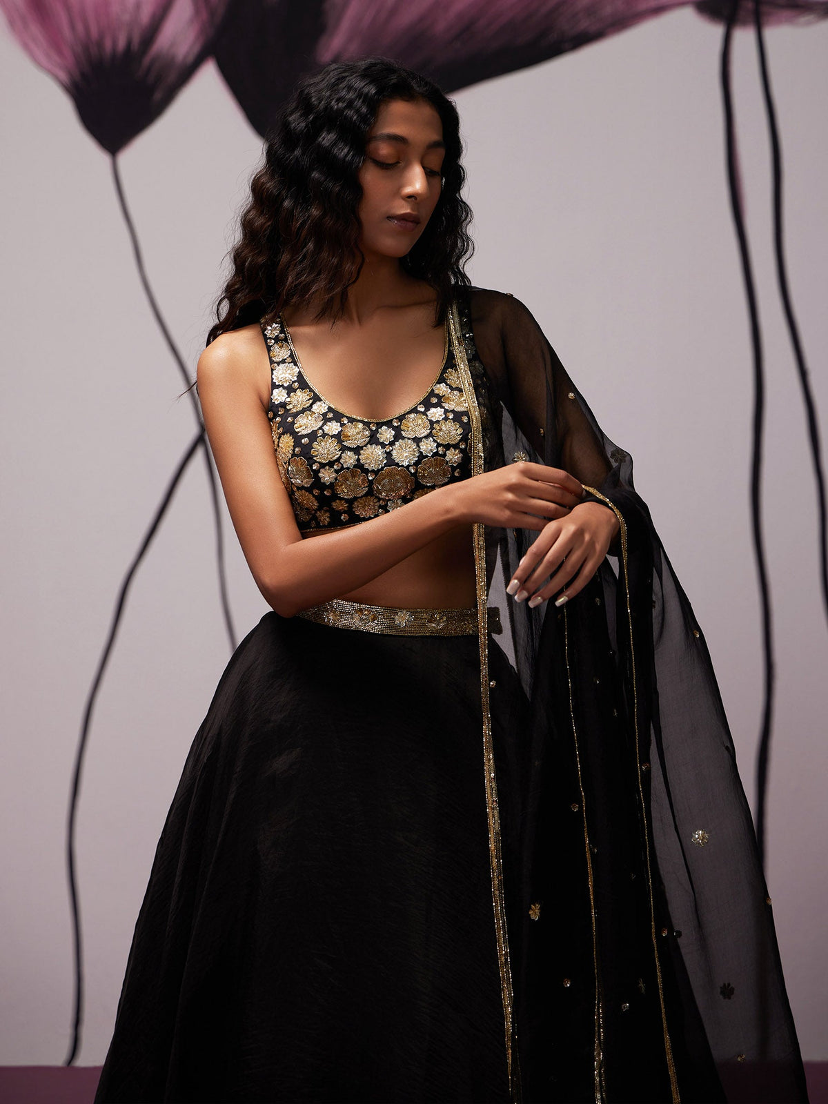 Nightflower Black Silk Organza Lehenga Set