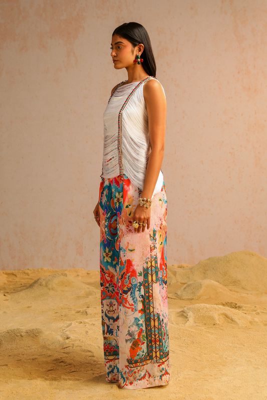 Ivory pants with fringe lace top