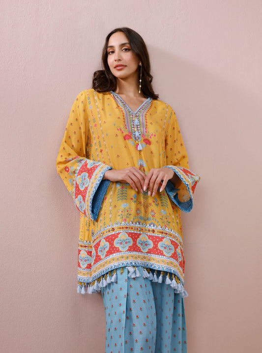 Zariya Lawn Printed Yellow & Teal Kurta with Farshi Salwar