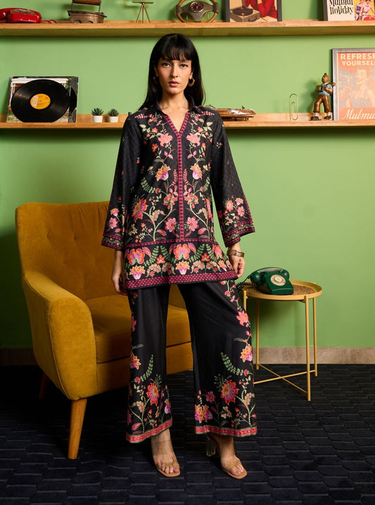 Zuni Pima Satin Black Printed Co-ord set