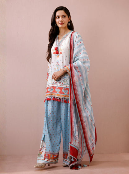 Zariya Lawn Printed Off-White & Teal Kurta with Farshi Salwar