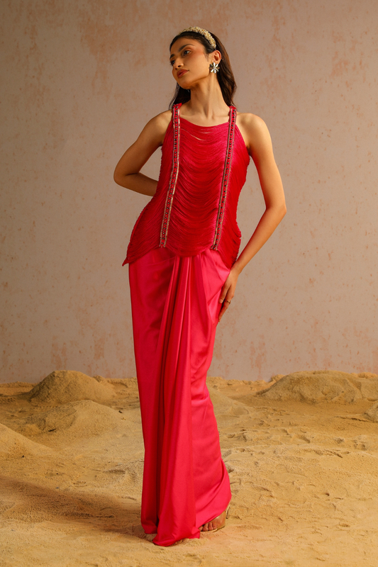 Hot pink draped skirt with fringe lace top