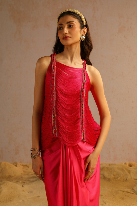Hot pink draped skirt with fringe lace top
