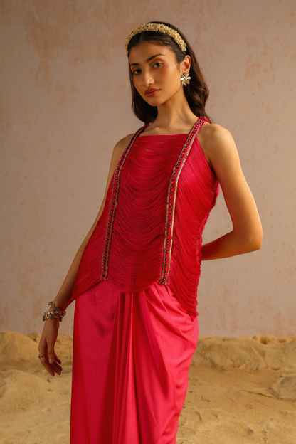 Hot pink draped skirt with fringe lace top