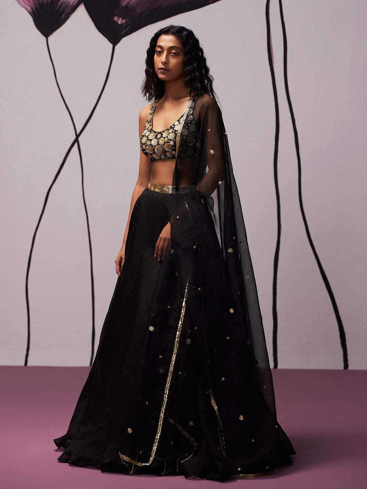 Nightflower Black Silk Organza Lehenga Set