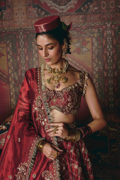 Maroon 3D Flower Lehenga Set
