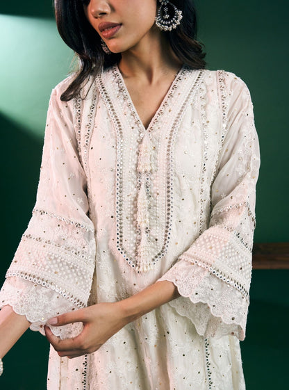 Rupa Organza Off White Anarkali Kurta with Pima Satin Off White Pant Set
