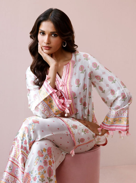 Vela Cupro Satin Printed Off-White Co-ord Set