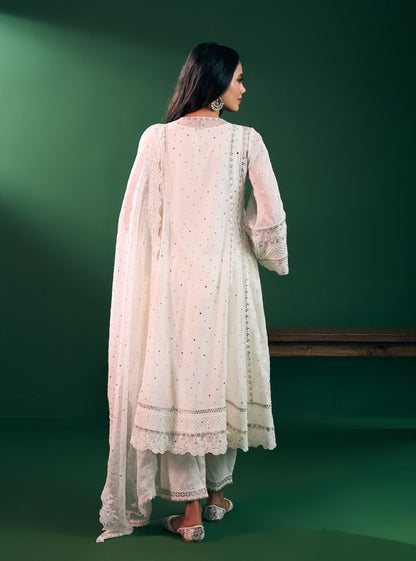 Rupa Organza Off White Anarkali Kurta with Pima Satin Off White Pant Set