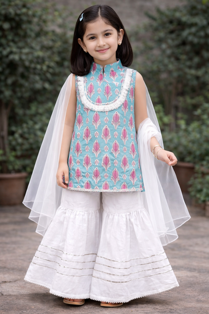 Sea Green Hand Block Printed Cotton Sharara Suit