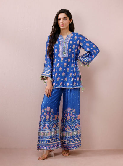 Vela Cupro Satin Printed Navy Co-ord Set