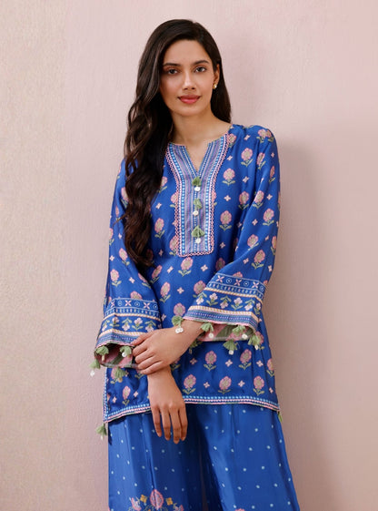 Vela Cupro Satin Printed Navy Co-ord Set