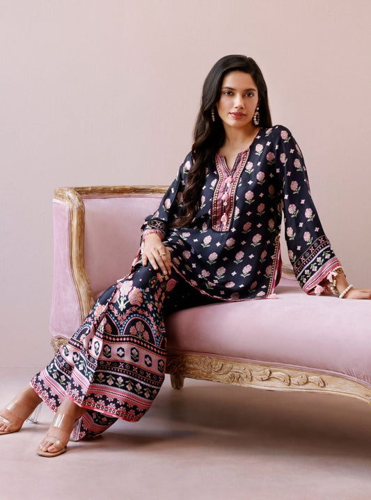 Vela Cupro Satin Printed Black Co-ord Set