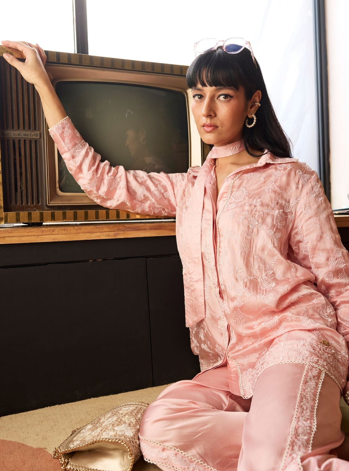 Zuvina Cupro Satin Onion Pink Shirt Set