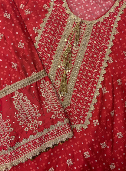 Lari Pima Satin Printed Red Kurta Set