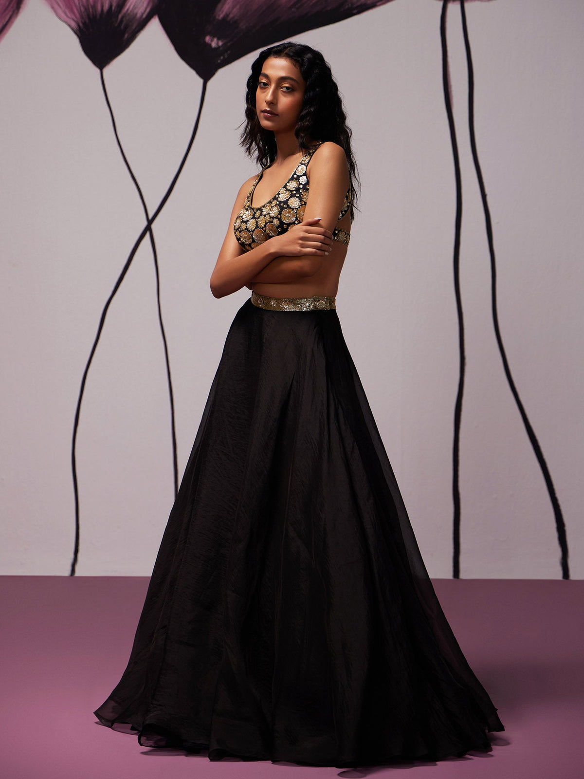 Nightflower Black Silk Organza Lehenga Set