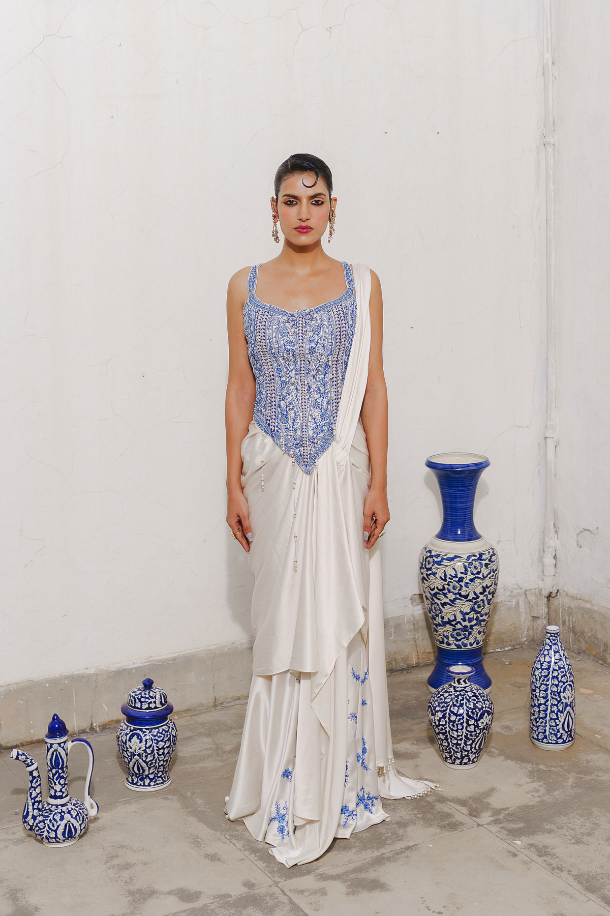 Ivory long corset with saree set