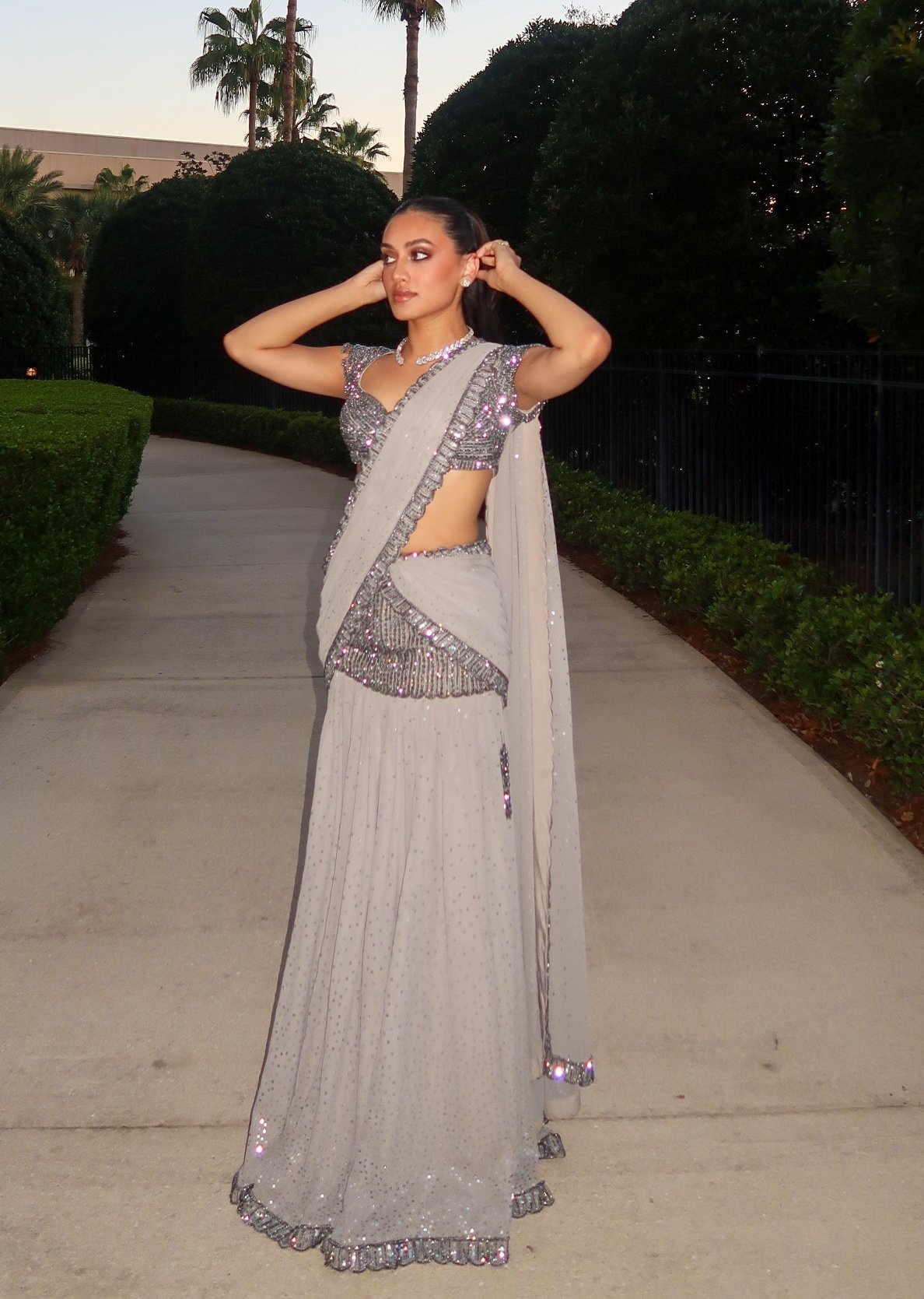 JULLY In Maya Crystal Grey Pre Draped Saree Set