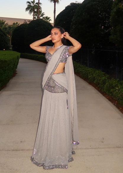 JULLY In Maya Crystal Grey Pre Draped Saree Set