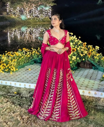 FUSCIA PINK 12 KALI LEAF EMBROIDERED LEHENGA WITH BLOUSE AND DUPATTA- EC-LH-RAHI25-23- FusciaPink