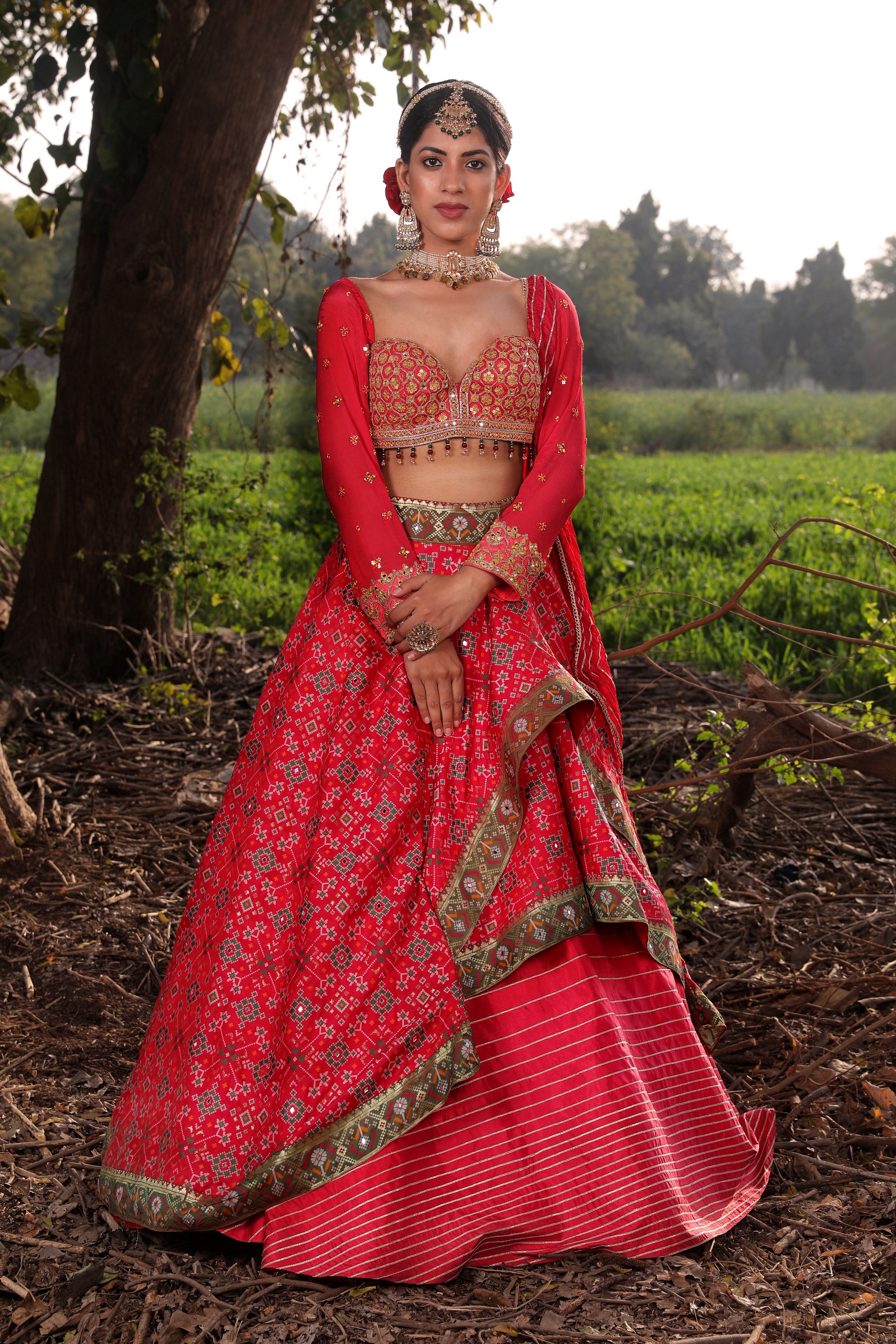 Women's Coral Embroidered Ikat Lehenga Set