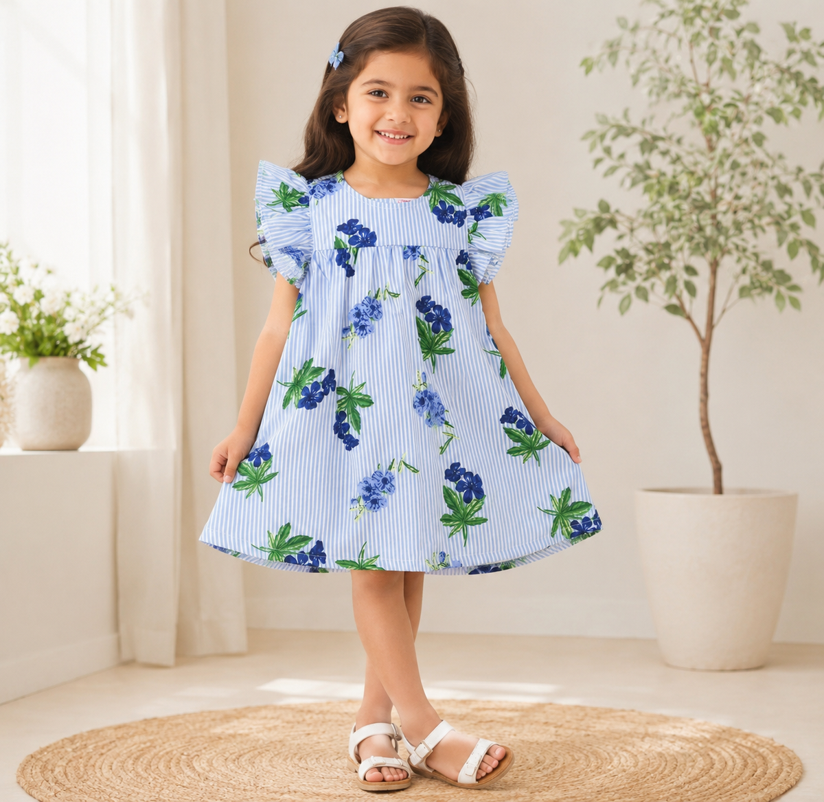 Blue strips and floral printed dress