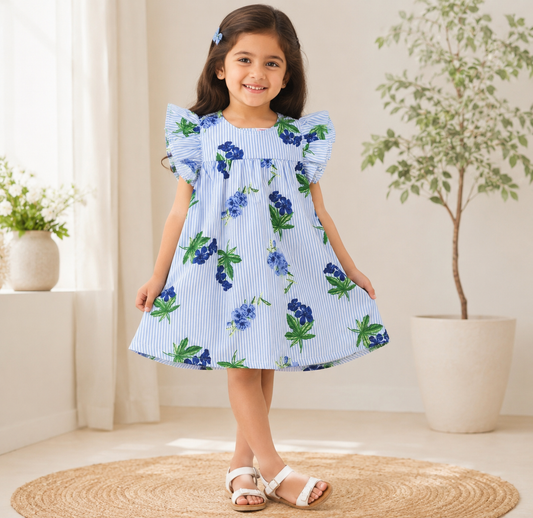 Blue strips and floral printed dress
