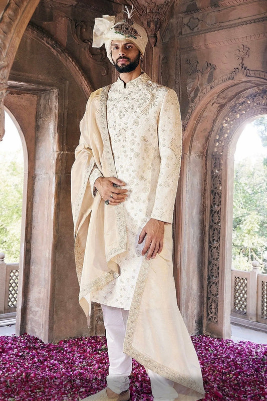 Cream Moti and Sequins Embroidered Sherwani