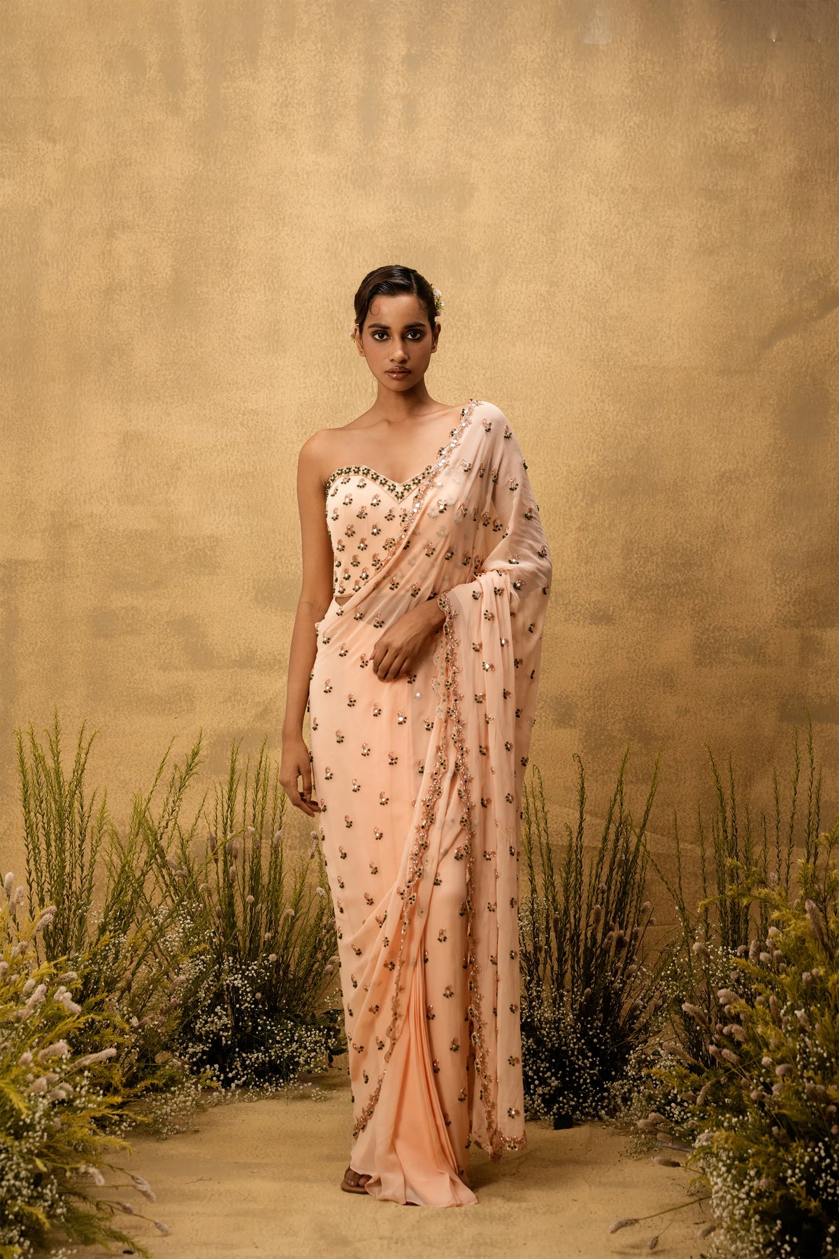 Peach Pre-stitched hand embroidered georgette saree set