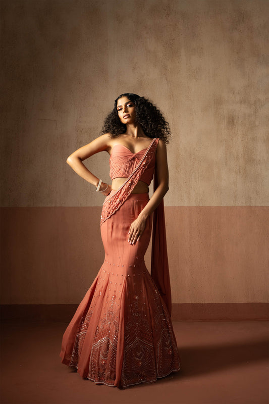 Fishtail Style, Peach Coloured, Hand Embroidered Georgette Fishtail Saree