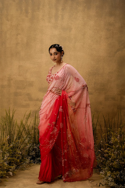 Pink ombre Pre-stitched hand embroidered organza saree set