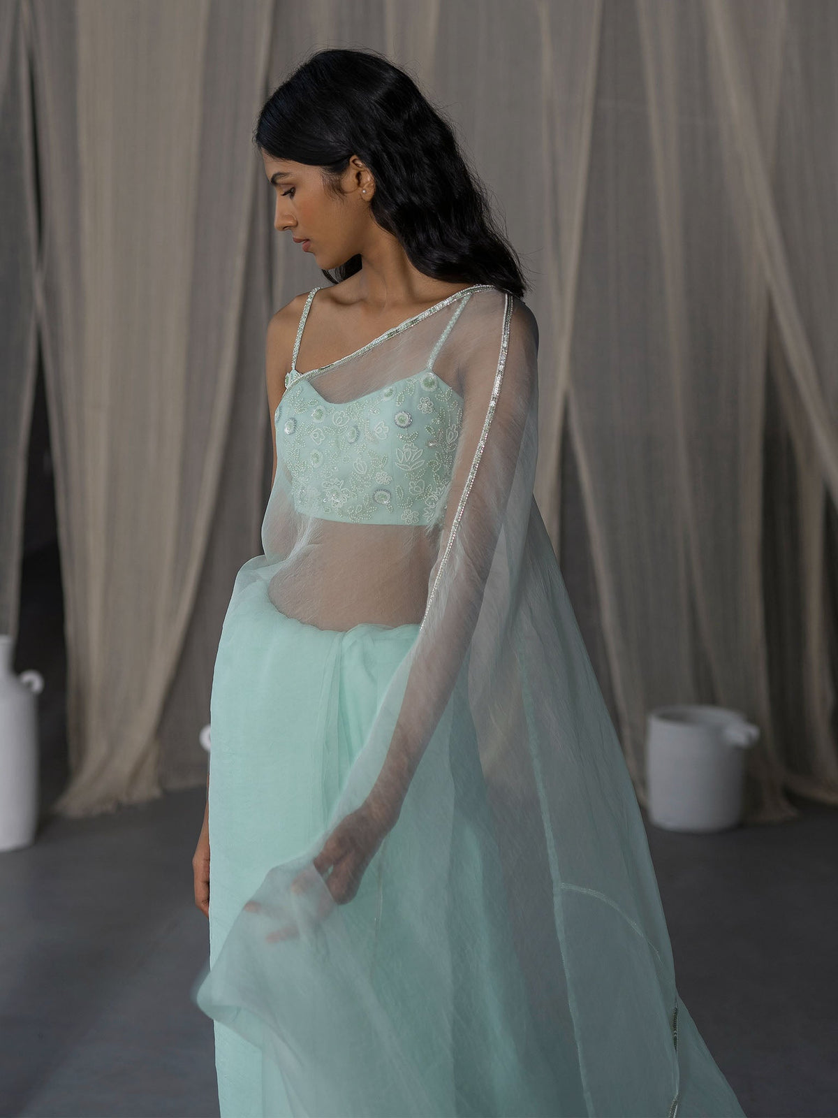 Noor Mint Green Organza Saree Set