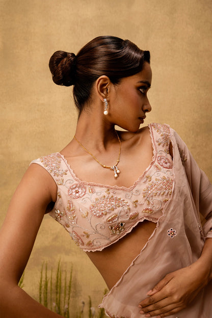 Pastel pink Pre-stitched hand embroidered organza saree set