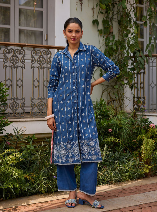 Veena Denim Long Shirt Co-ord Set