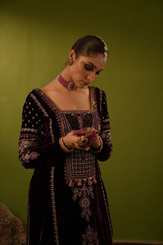 Purple Velvet Kurta Set