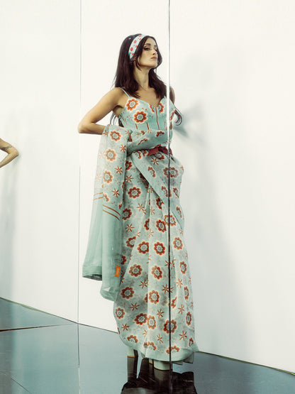 Teal Twiggy Bloom Saree