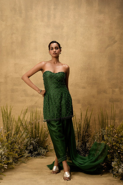 Emerald green hand embroidered chanderi silk suit set with organza dupatta