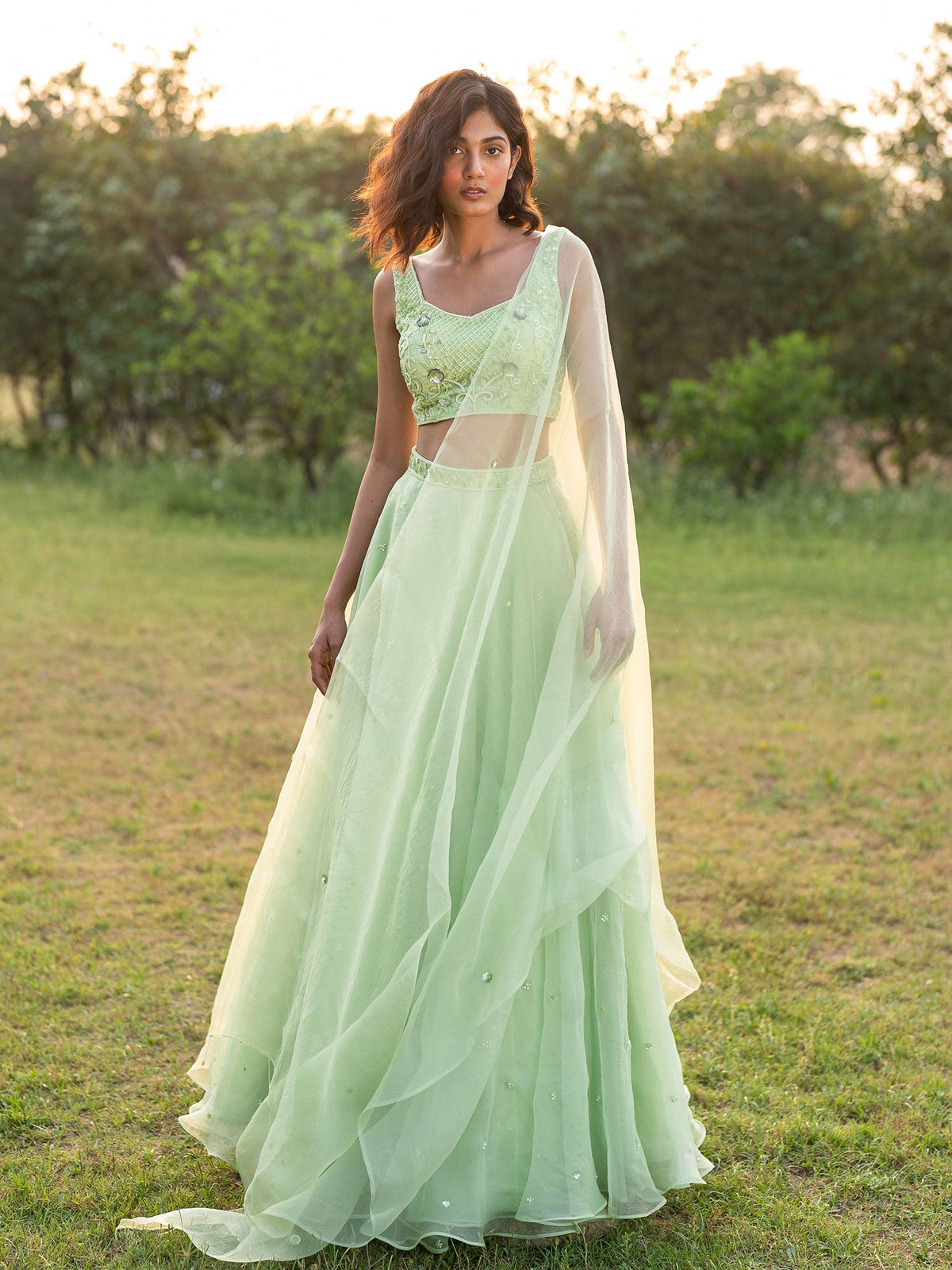 Summerhaven Green Silk Organza Lehenga